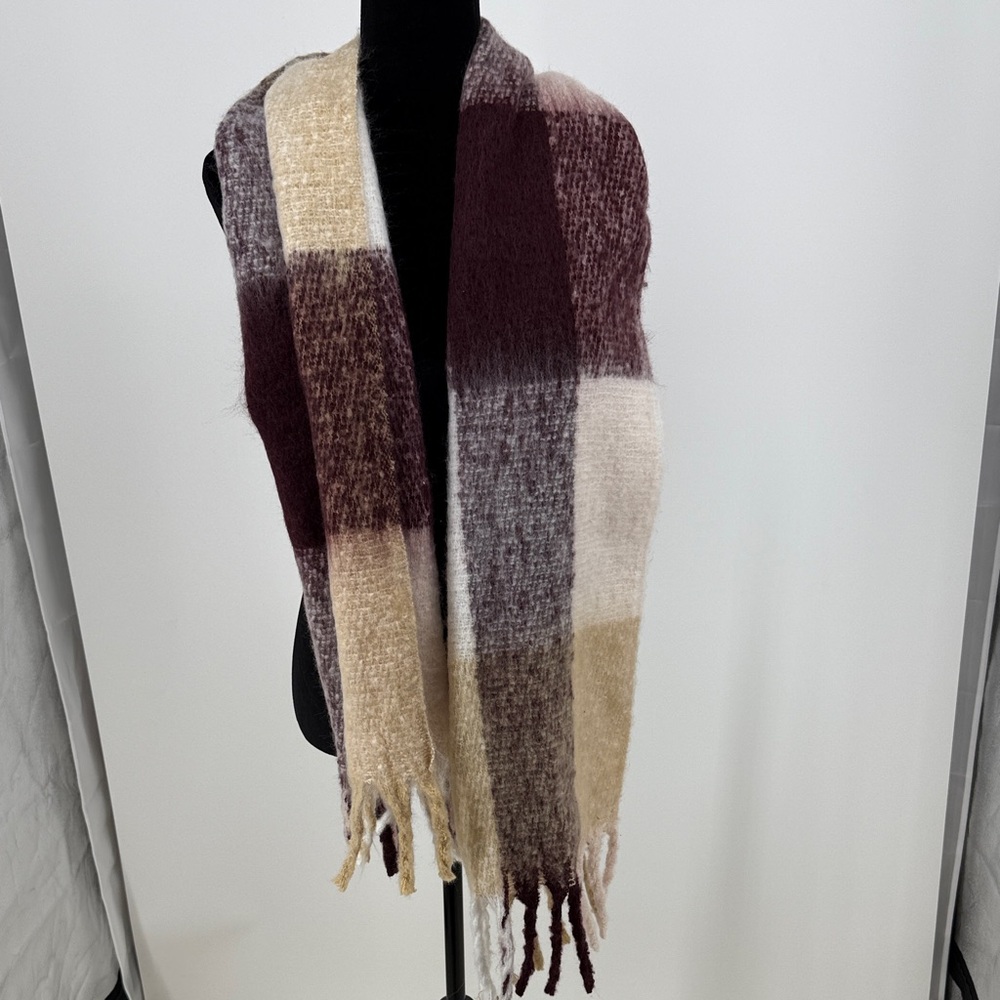 Lucky Brand Plaid Scarf in Burgundy, Cream, and Tan